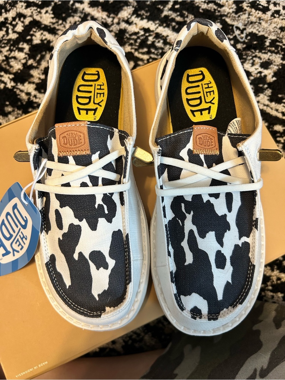 Hey Dude Women’s Cow Print Casual Shoes - Black & White Size 5 - Brand New w/Tag